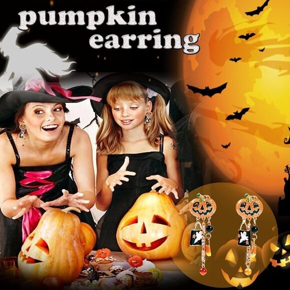 Women Orange Halloween Pumpkin Long Tassels Smiling Face Drop Earrings Jewelry - Picture 2 of 7